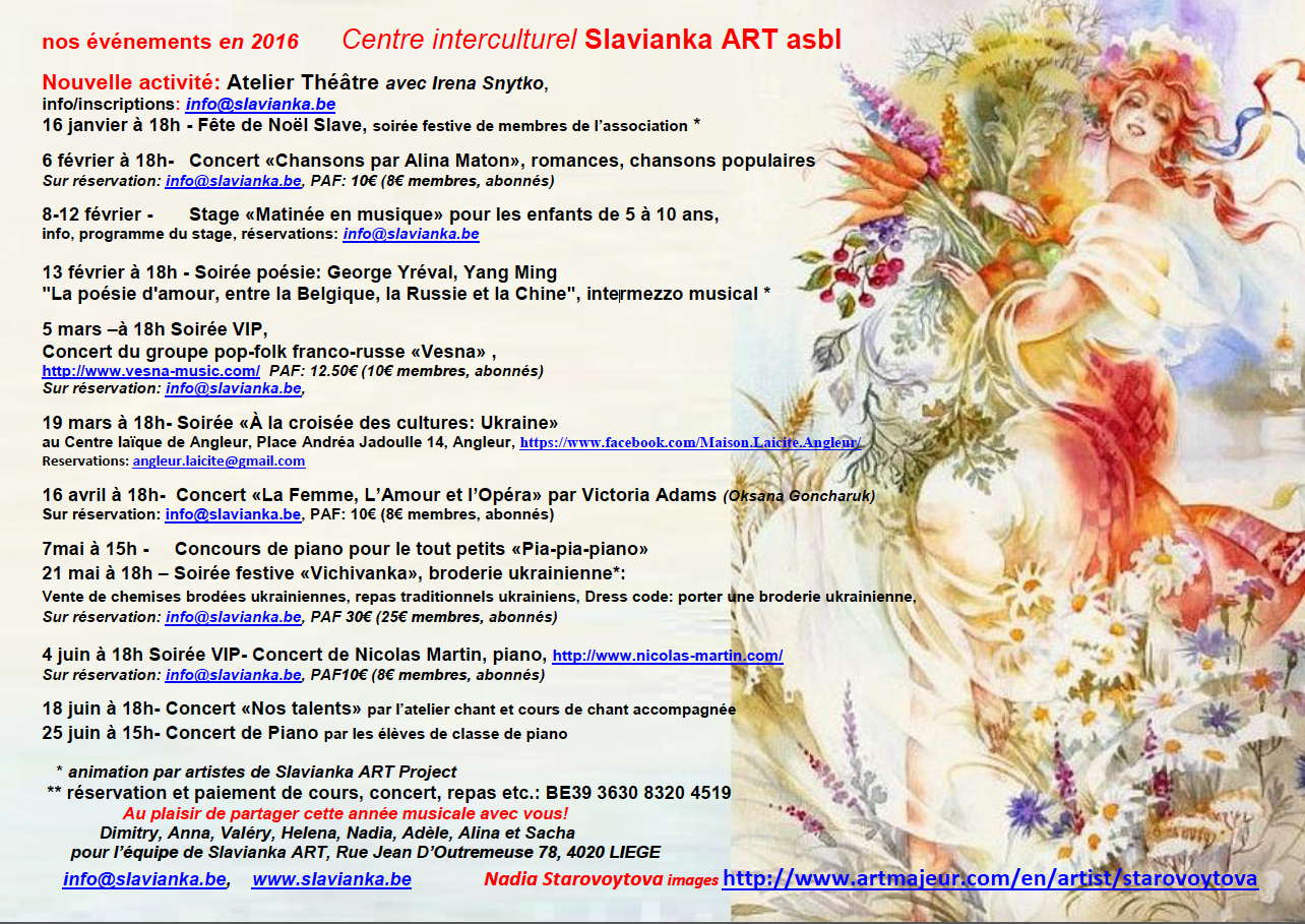Programme Slavianka. Evénements du 2016-01-16 au 2016-06-25 à Liège illustrés par Nadia Starovoytova. 2016-01-16